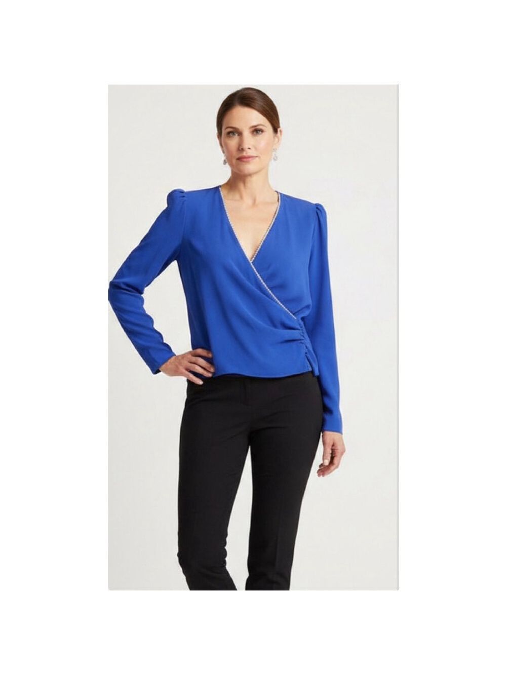 Vintage 80s Royal Blue Rhinestone Drape Wrap Blouse S/M 18” Pit to Pit